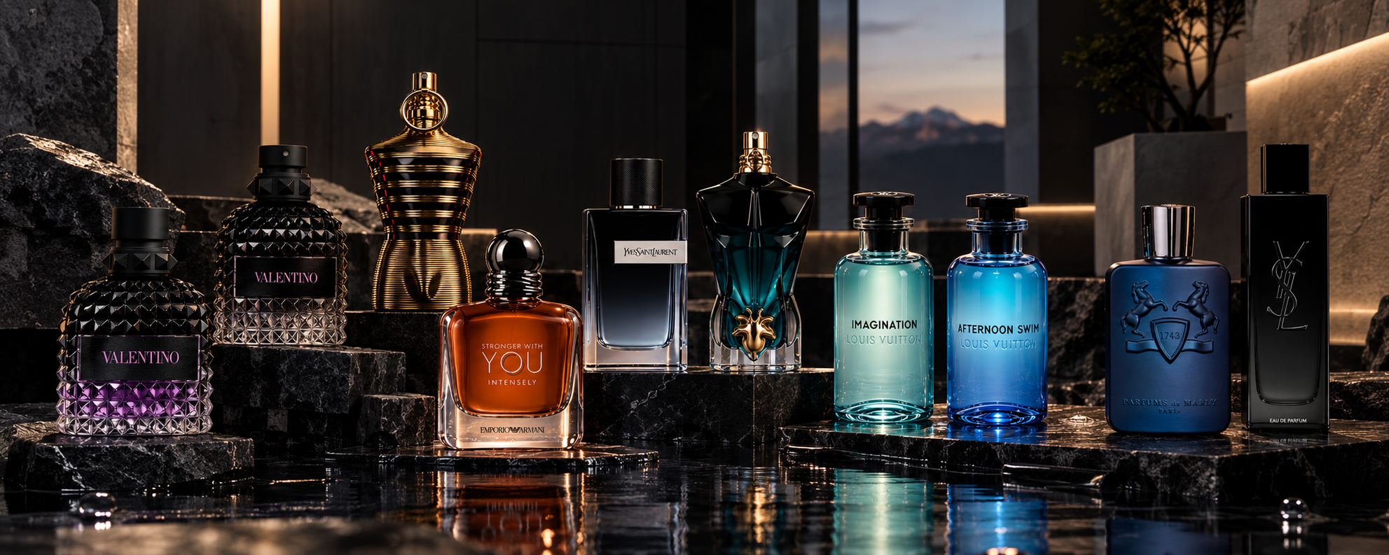 A collection of designer fragrance bottles arranged on black satin
